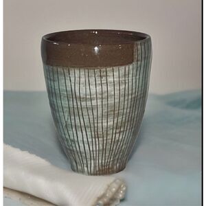 Handmade Vase Studio Pottery Signed Green Brown‎ Ribbed